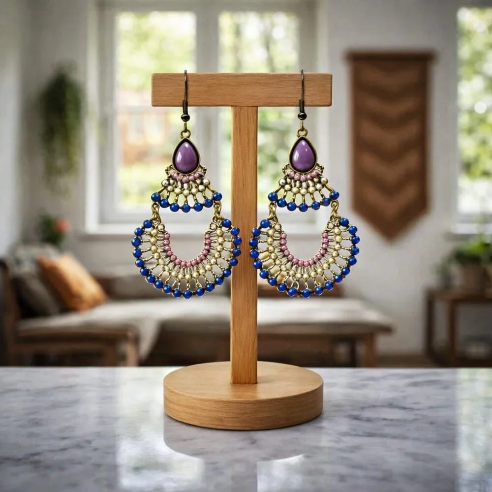 Boho Chic Colorful Beaded Chandelier Statement Earrings | Antique Gold Finish